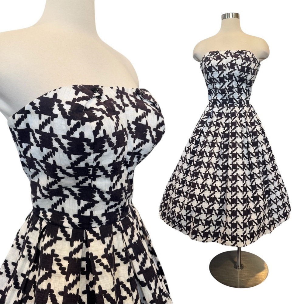 Vintage 50s 60s Houndstooth Check Strapless New Look Fit Flare Party Dress Town - Picture 1 of 12
